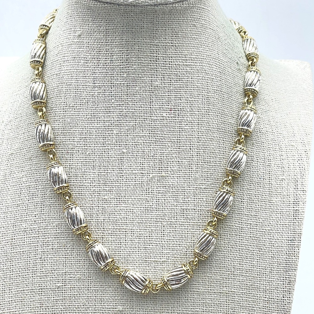 Vintage NAPIER Bead Necklace Gold Silver Tone Barrel Link Textured Chain